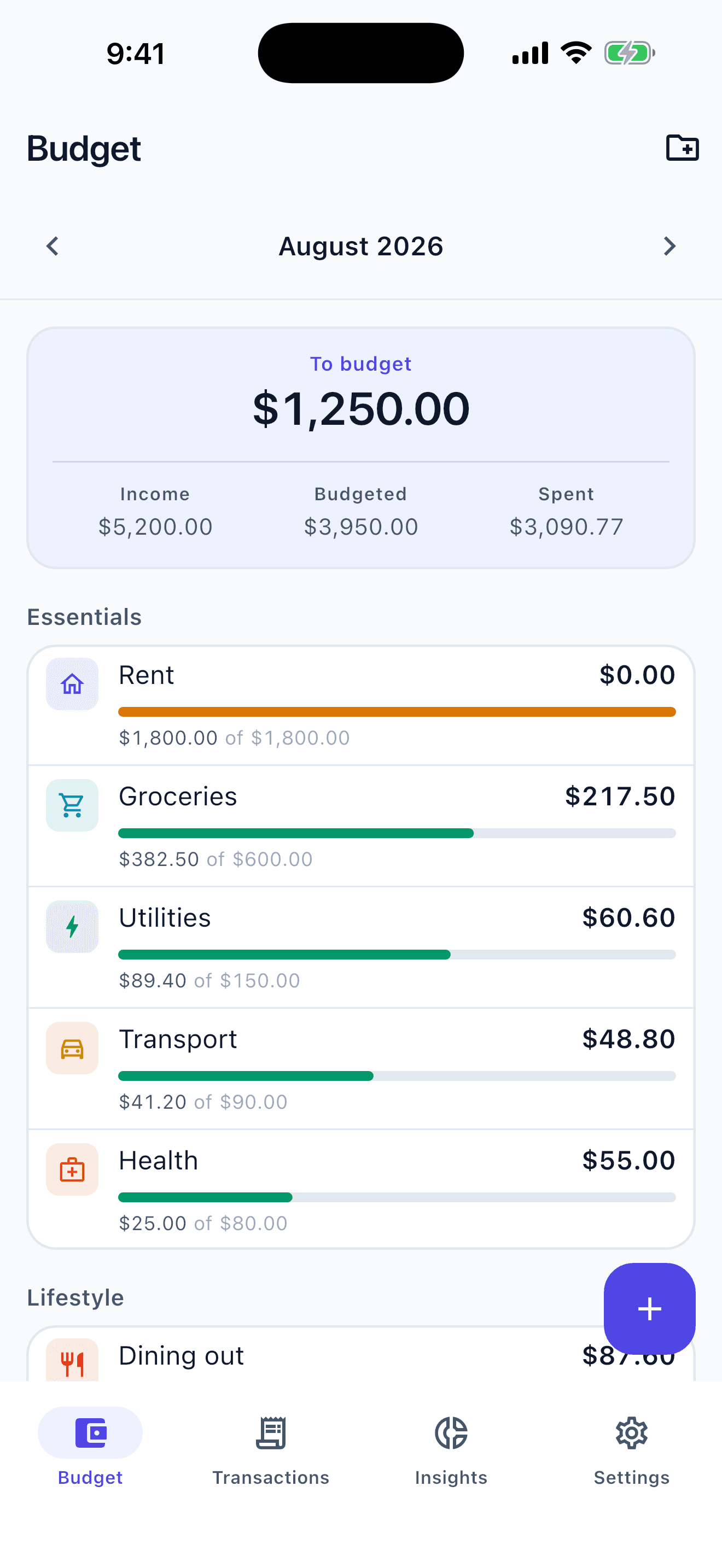 The CustomBudget budget screen for August 2026: 1,250.00 dollars left to budget above income, budgeted and spent totals, then Essentials envelopes for Rent, Groceries, Utilities, Transport and Health, each with a bar showing how much of its amount is spent.